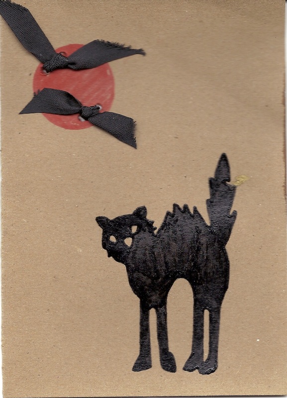 Handmade Halloween card with black cat the moon and bats